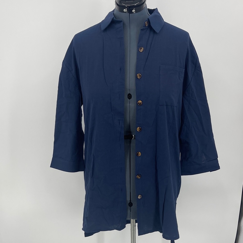 BEYOVE Women's Navy Button Down LONG Shirt and SHORTS SIZE M LOUNGING SET